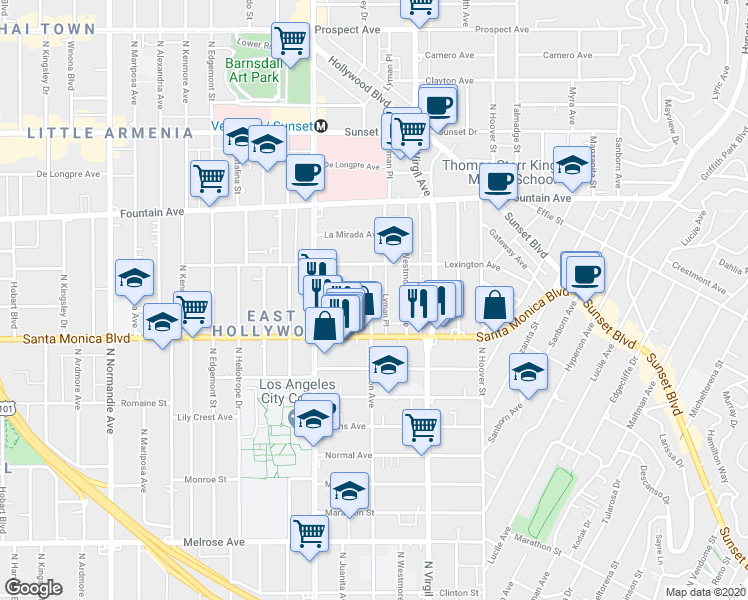 map of restaurants, bars, coffee shops, grocery stores, and more near 1137 North Westmoreland Avenue in Los Angeles