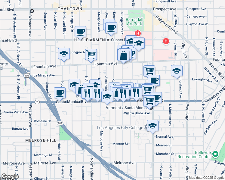map of restaurants, bars, coffee shops, grocery stores, and more near 1137 North Kenmore Avenue in Los Angeles