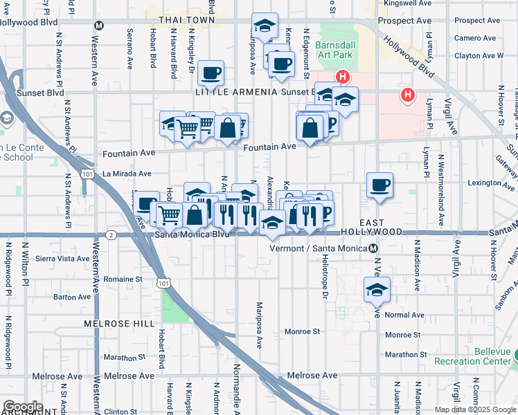 map of restaurants, bars, coffee shops, grocery stores, and more near 1136 North Mariposa Avenue in Los Angeles