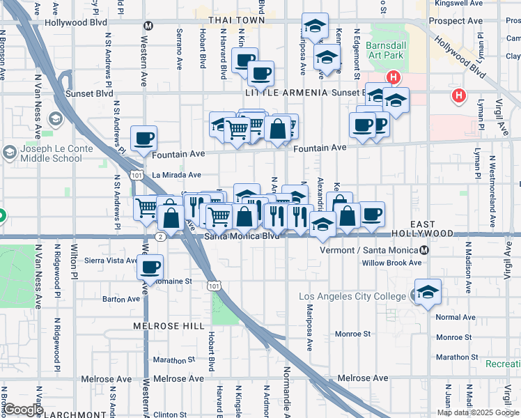 map of restaurants, bars, coffee shops, grocery stores, and more near 1150 North Kingsley Drive in Los Angeles