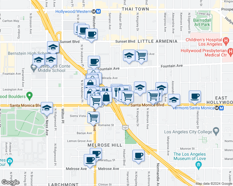 map of restaurants, bars, coffee shops, grocery stores, and more near 5357 Virginia Avenue in Los Angeles