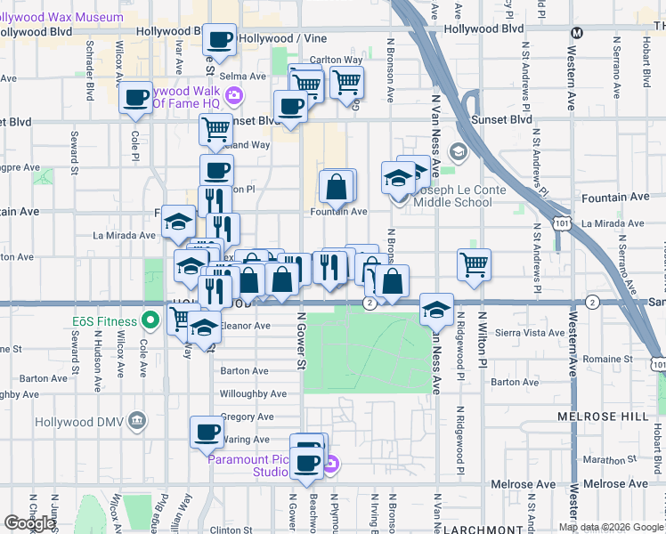 map of restaurants, bars, coffee shops, grocery stores, and more near 1143 Beachwood Drive in Los Angeles