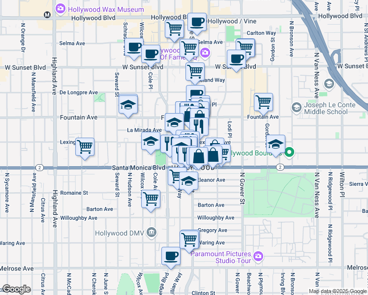 map of restaurants, bars, coffee shops, grocery stores, and more near 1138 Lillian Way in Los Angeles