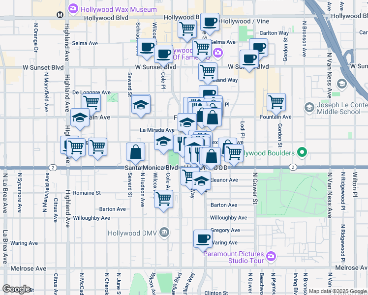 map of restaurants, bars, coffee shops, grocery stores, and more near 1144 North Cahuenga Boulevard in Los Angeles