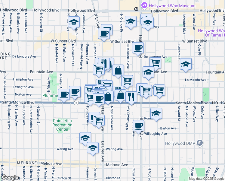 map of restaurants, bars, coffee shops, grocery stores, and more near 1142 North Sycamore Avenue in Los Angeles