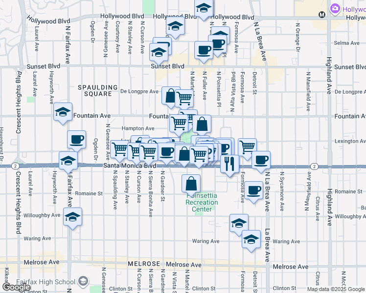 map of restaurants, bars, coffee shops, grocery stores, and more near 1140 North Vista Street in West Hollywood