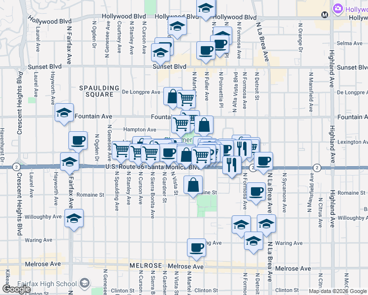 map of restaurants, bars, coffee shops, grocery stores, and more near 1140 North Vista Street in West Hollywood