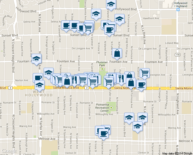 map of restaurants, bars, coffee shops, grocery stores, and more near 1140 North Vista Street in West Hollywood