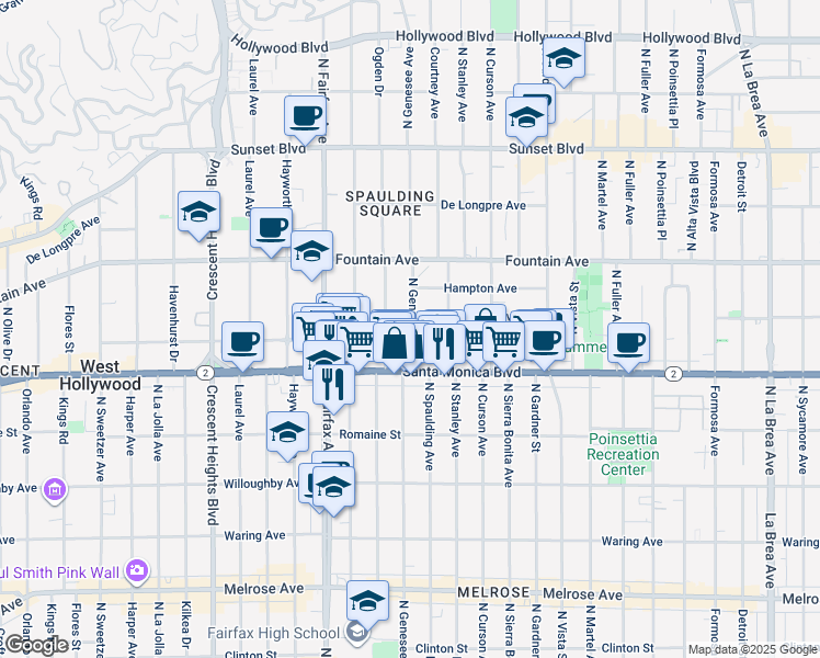 map of restaurants, bars, coffee shops, grocery stores, and more near 7725 Norton Avenue in West Hollywood