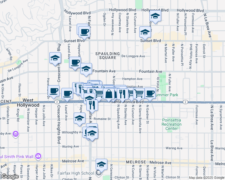 map of restaurants, bars, coffee shops, grocery stores, and more near 1136 North Ogden Drive in West Hollywood