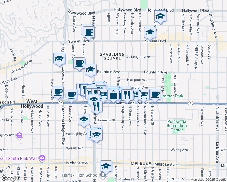 map of restaurants, bars, coffee shops, grocery stores, and more near 1136 North Ogden Drive in West Hollywood