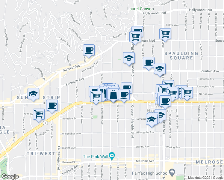 map of restaurants, bars, coffee shops, grocery stores, and more near 8261 Norton Avenue in West Hollywood