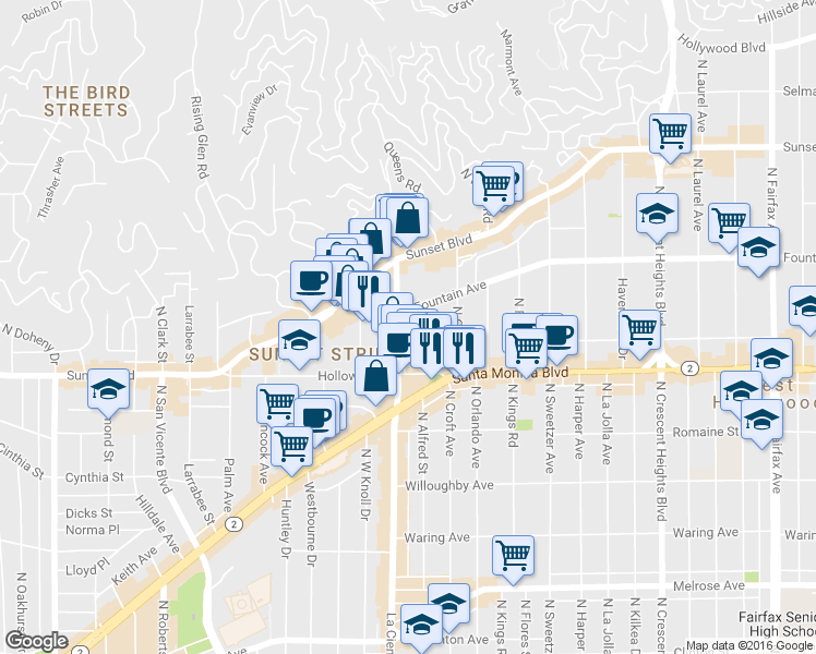 map of restaurants, bars, coffee shops, grocery stores, and more near 1147 Hacienda Place in West Hollywood