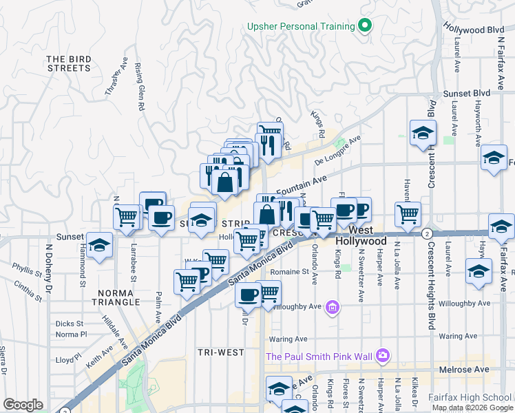 map of restaurants, bars, coffee shops, grocery stores, and more near 1155 La Cienega Boulevard in West Hollywood
