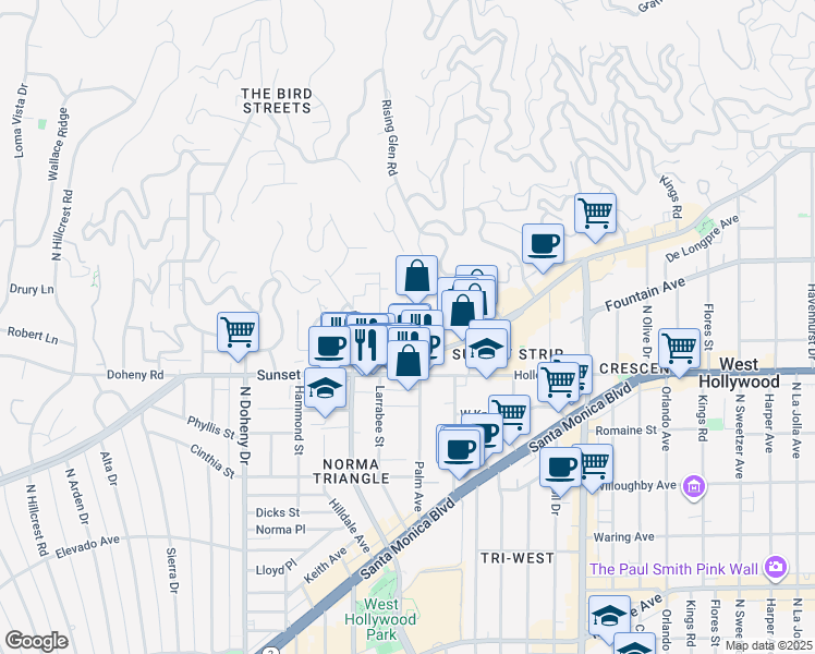 map of restaurants, bars, coffee shops, grocery stores, and more near 8780 Shoreham Drive in West Hollywood