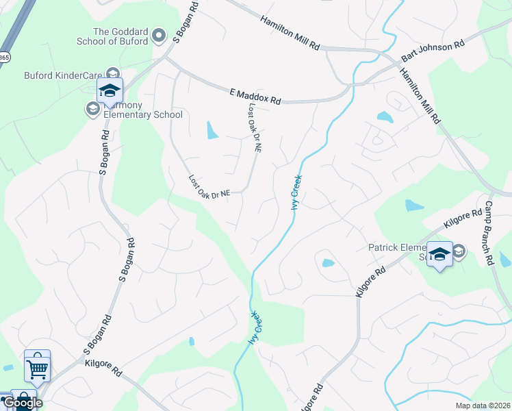 map of restaurants, bars, coffee shops, grocery stores, and more near 2727 Bogan Creek Drive in Buford