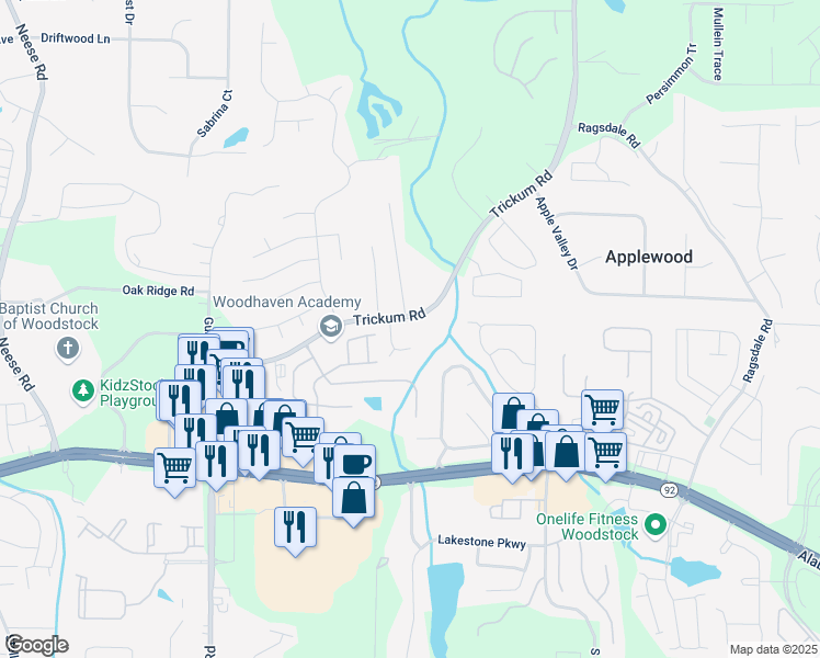 map of restaurants, bars, coffee shops, grocery stores, and more near 215 Morris Lane in Woodstock