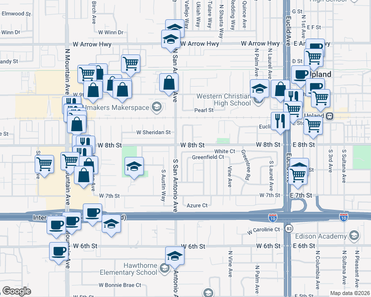 map of restaurants, bars, coffee shops, grocery stores, and more near 740 West 8th Street in Upland
