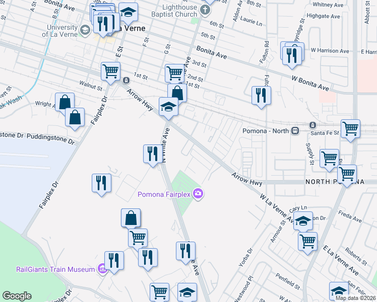 map of restaurants, bars, coffee shops, grocery stores, and more near 1777 Lordsburg Court in La Verne