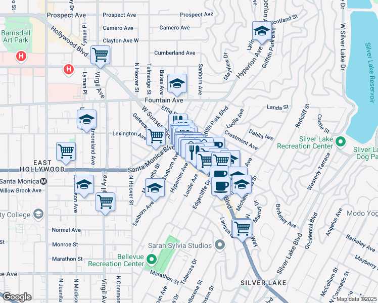 map of restaurants, bars, coffee shops, grocery stores, and more near 3827 Sunset Boulevard in Los Angeles
