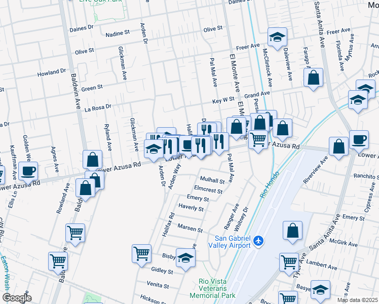 map of restaurants, bars, coffee shops, grocery stores, and more near 10405 Lower Azusa Road in Temple City