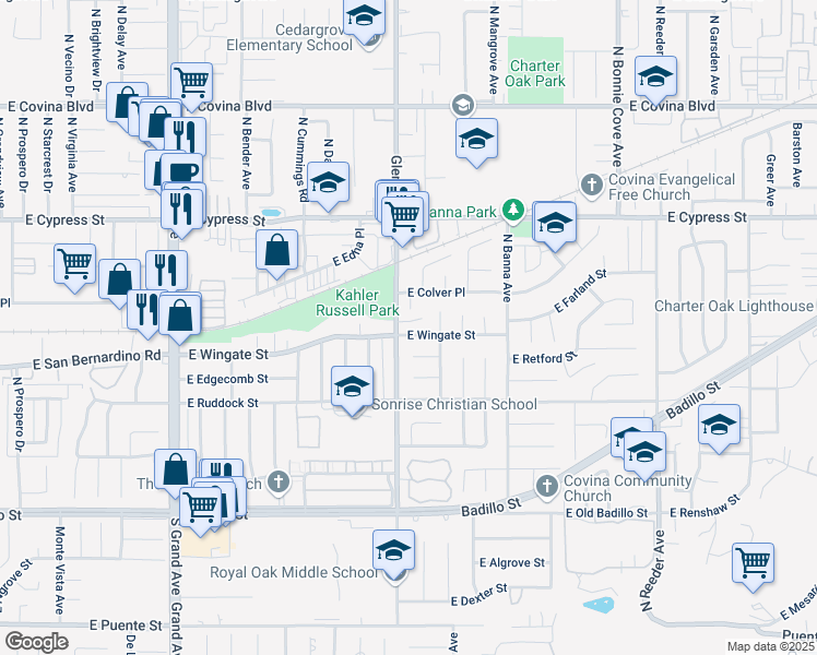 map of restaurants, bars, coffee shops, grocery stores, and more near 1315 East Wingate Street in Covina