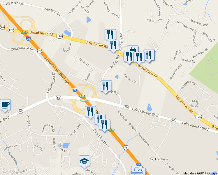 map of restaurants, bars, coffee shops, grocery stores, and more near 1170 Kinley Road in Irmo