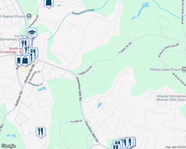 map of restaurants, bars, coffee shops, grocery stores, and more near 3591 Tuggle Road Northeast in Buford