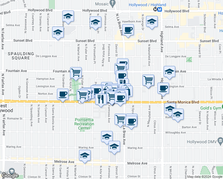 map of restaurants, bars, coffee shops, grocery stores, and more near 1148 North Formosa Avenue in West Hollywood