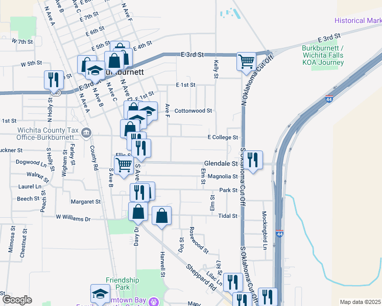 map of restaurants, bars, coffee shops, grocery stores, and more near 600 Michael Street in Burkburnett