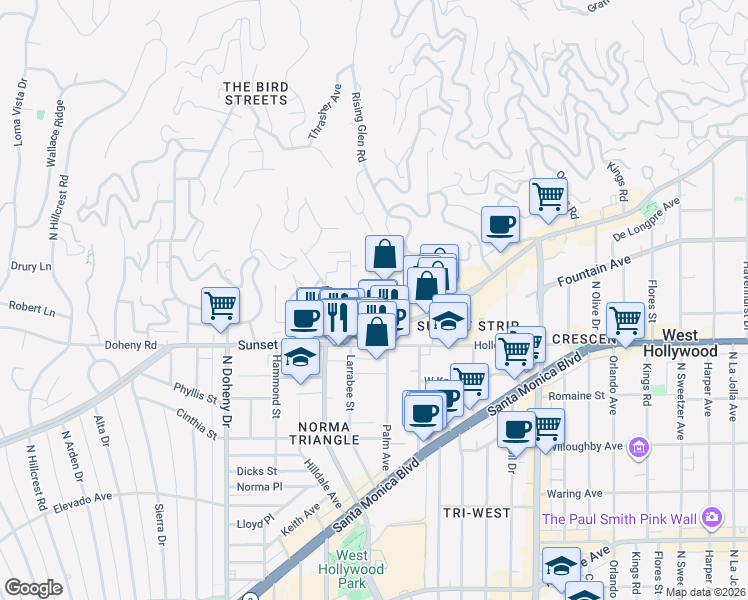 map of restaurants, bars, coffee shops, grocery stores, and more near 1151 Horn Avenue in West Hollywood