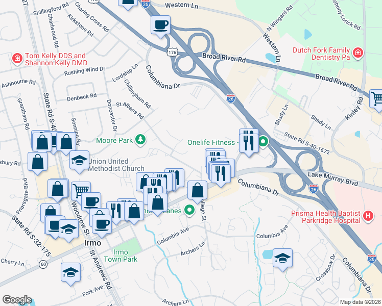 map of restaurants, bars, coffee shops, grocery stores, and more near 40 Saint Albans Road in Irmo