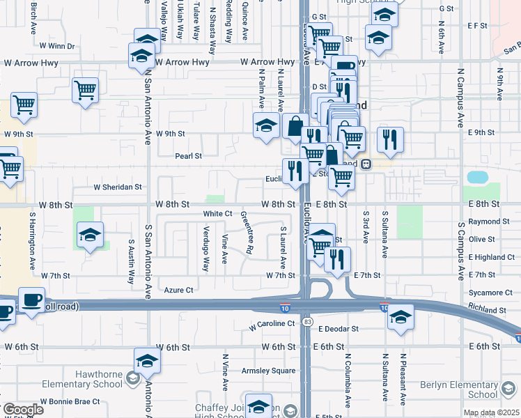 map of restaurants, bars, coffee shops, grocery stores, and more near 210 West 8th Street in Upland