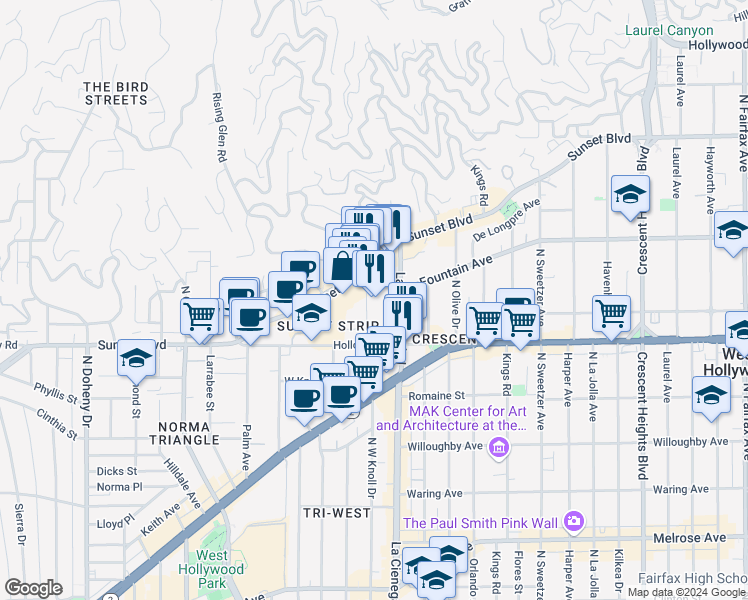 map of restaurants, bars, coffee shops, grocery stores, and more near 1200 Alta Loma Road in West Hollywood