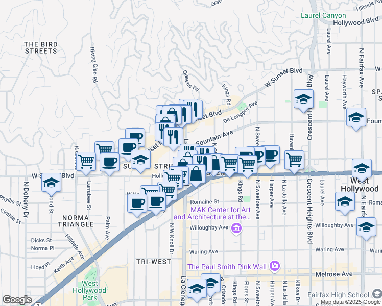 map of restaurants, bars, coffee shops, grocery stores, and more near 1152 North La Cienega Boulevard in West Hollywood