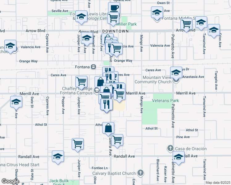 map of restaurants, bars, coffee shops, grocery stores, and more near in Fontana