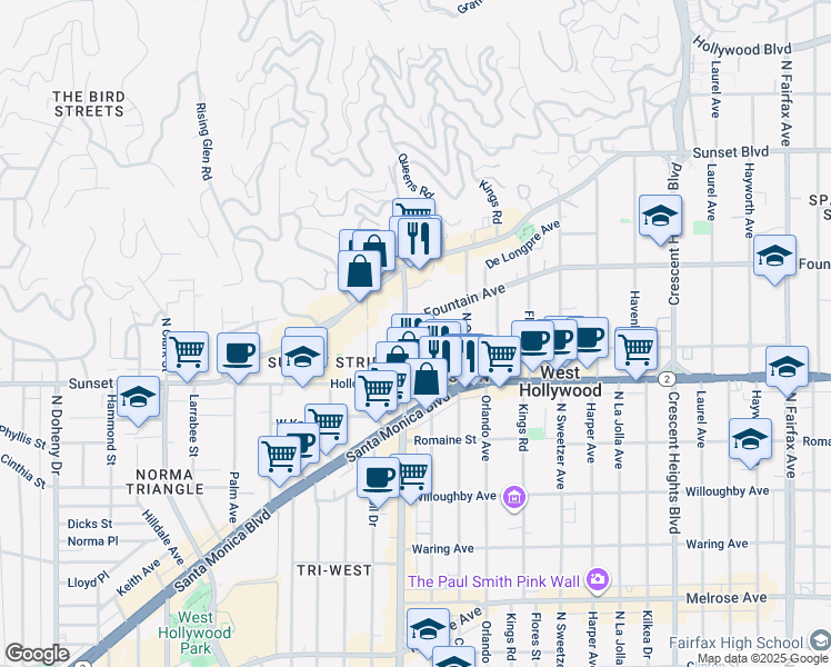 map of restaurants, bars, coffee shops, grocery stores, and more near 1147 Hacienda Place in West Hollywood