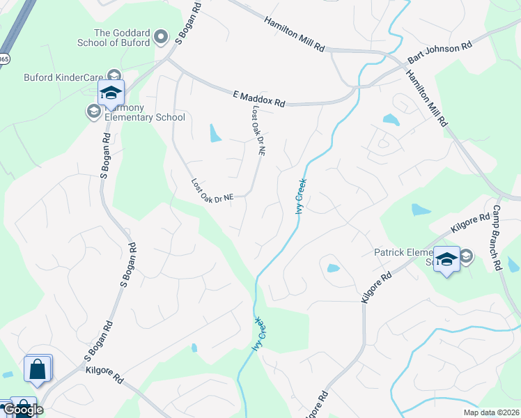 map of restaurants, bars, coffee shops, grocery stores, and more near 2727 Bogan Creek Drive in Buford