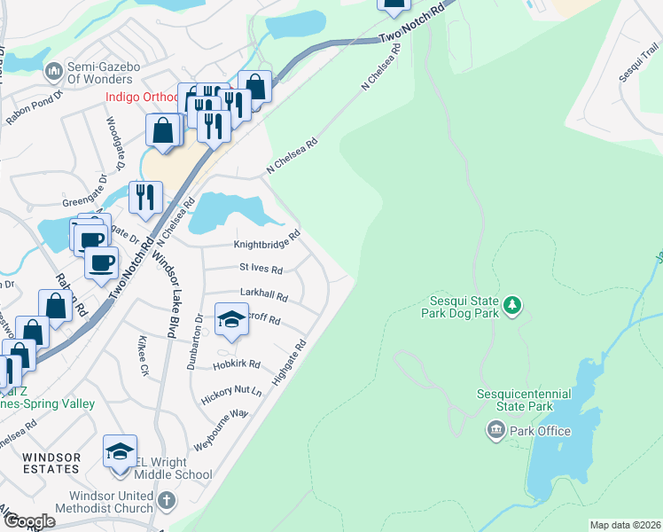 map of restaurants, bars, coffee shops, grocery stores, and more near 9826 Highgate Road in Columbia