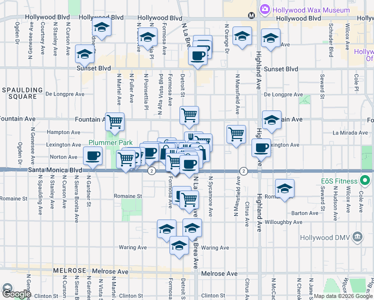 map of restaurants, bars, coffee shops, grocery stores, and more near 1148 North Detroit Street in West Hollywood