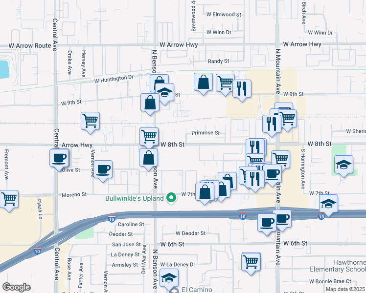 map of restaurants, bars, coffee shops, grocery stores, and more near 1500 West 8th Street in Upland
