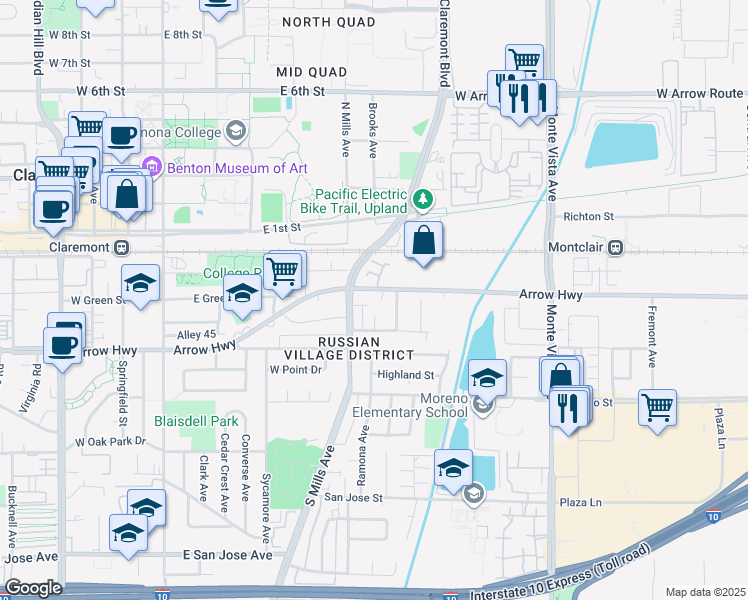 map of restaurants, bars, coffee shops, grocery stores, and more near 596 East Arrow Highway in Claremont