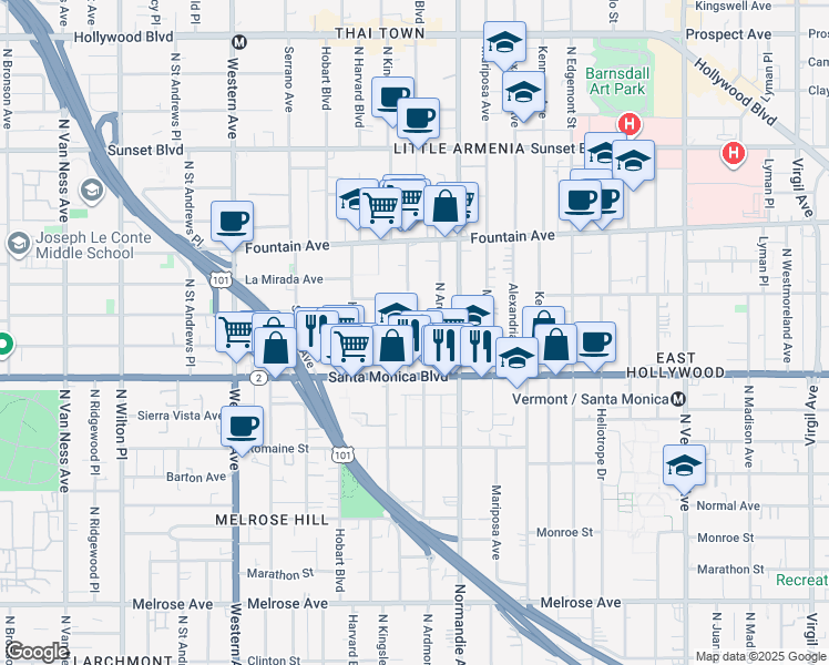 map of restaurants, bars, coffee shops, grocery stores, and more near 1152 North Kingsley Drive in Los Angeles