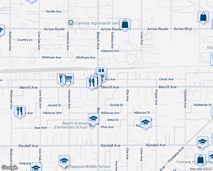 map of restaurants, bars, coffee shops, grocery stores, and more near 15356 Merrill Avenue in Fontana