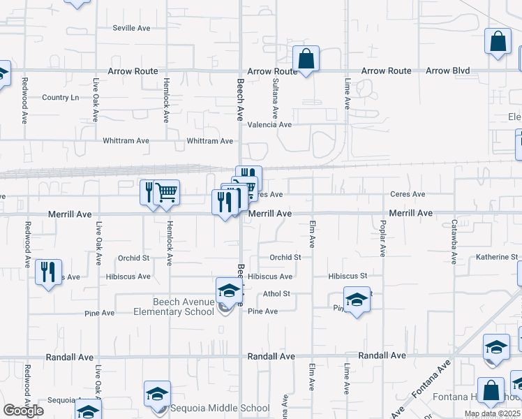 map of restaurants, bars, coffee shops, grocery stores, and more near 15356 Merrill Avenue in Fontana