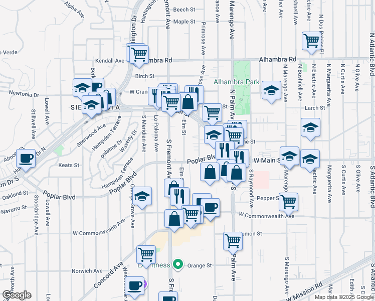 map of restaurants, bars, coffee shops, grocery stores, and more near 2 Alhambra Road in Alhambra