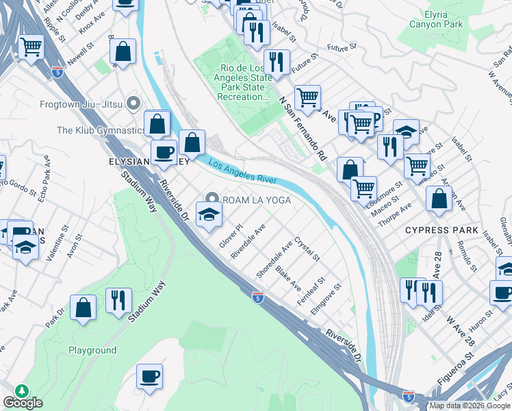 map of restaurants, bars, coffee shops, grocery stores, and more near 2355 Glover Place in Los Angeles