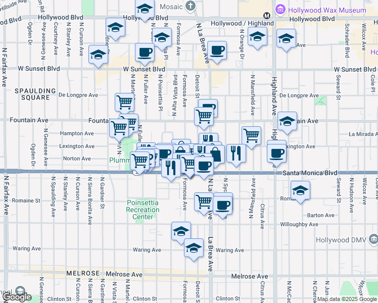 map of restaurants, bars, coffee shops, grocery stores, and more near 1148 North Formosa Avenue in West Hollywood