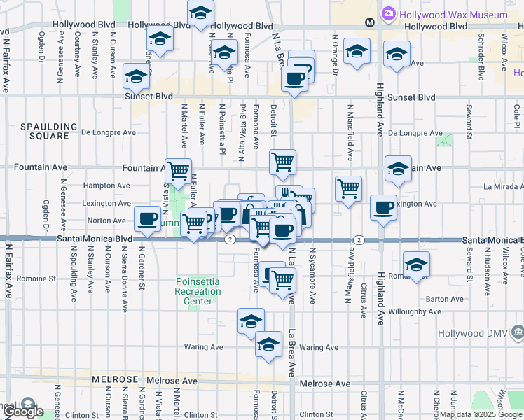 map of restaurants, bars, coffee shops, grocery stores, and more near 1139 North Detroit Street in West Hollywood