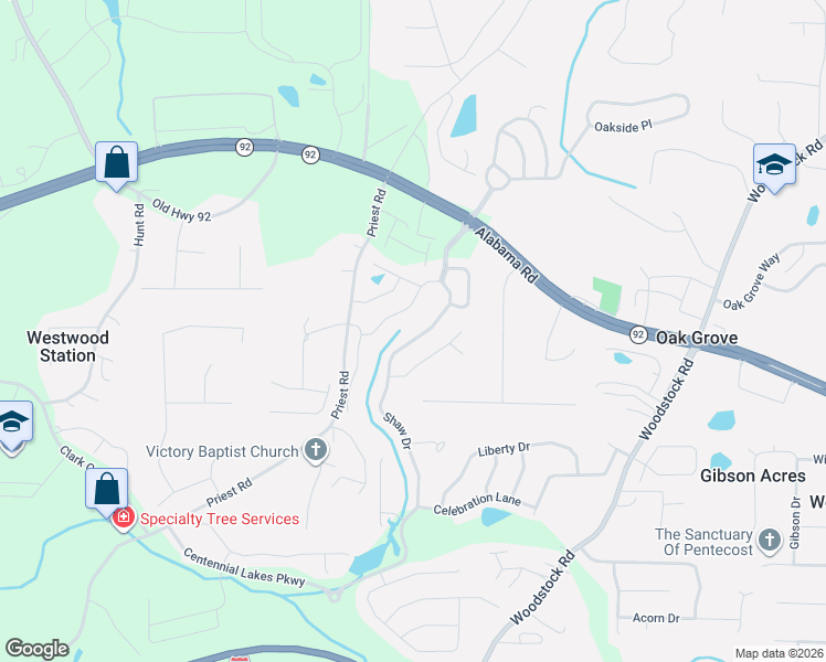 map of restaurants, bars, coffee shops, grocery stores, and more near 224 Shaw Drive in Acworth